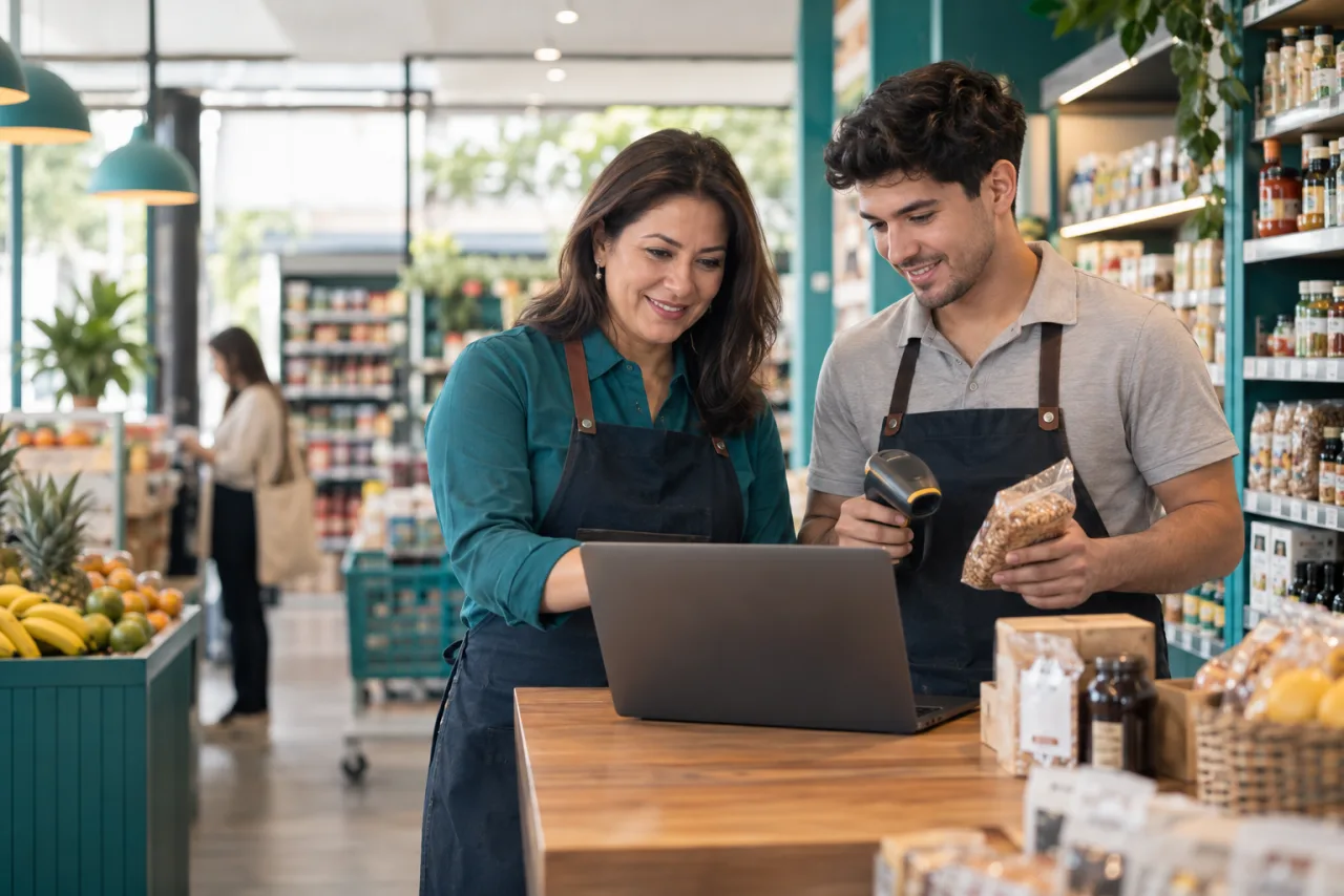 Equipo de un comercio revisando inventario y ventas