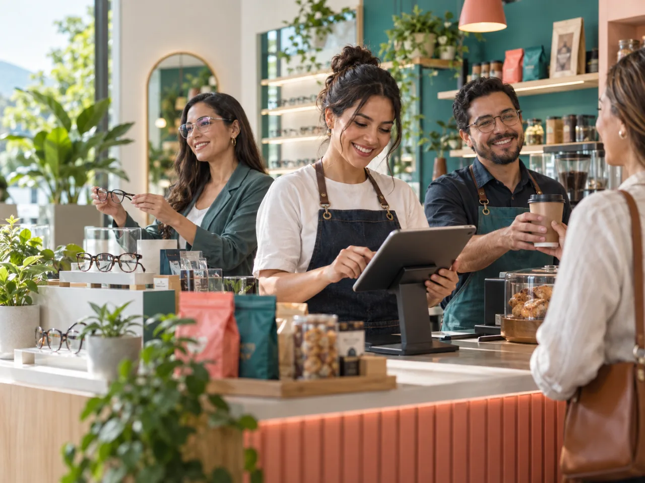 Equipo de un comercio atendiendo a una cliente con su punto de venta