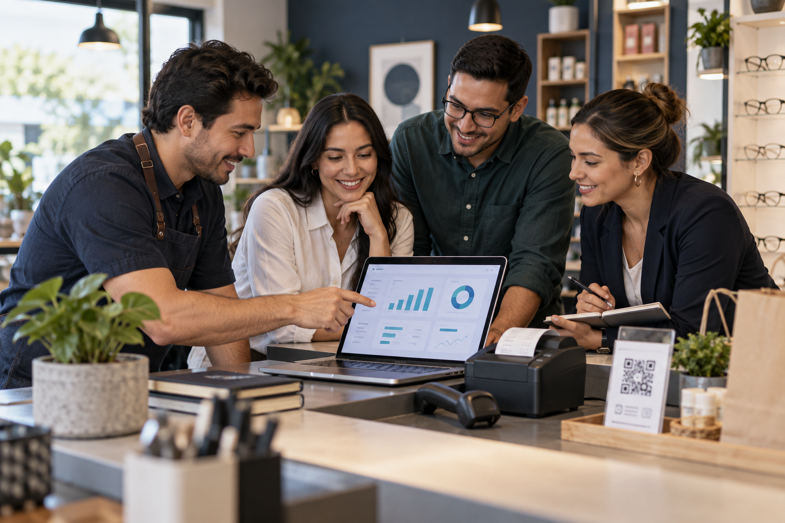 Equipo de un comercio revisando indicadores, inventario e impresión